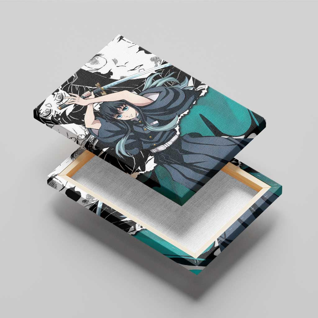 Muichiro Tokito Demon Slayer Mist Hashira Design Canvas Wall Art with Manga Panels and Teal Sword Art - The Mazicc