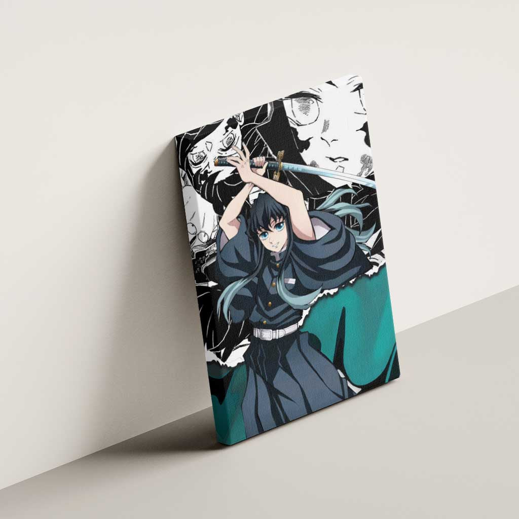 Muichiro Tokito Demon Slayer Mist Hashira Design Canvas Wall Art with Manga Panels and Teal Sword Art - The Mazicc