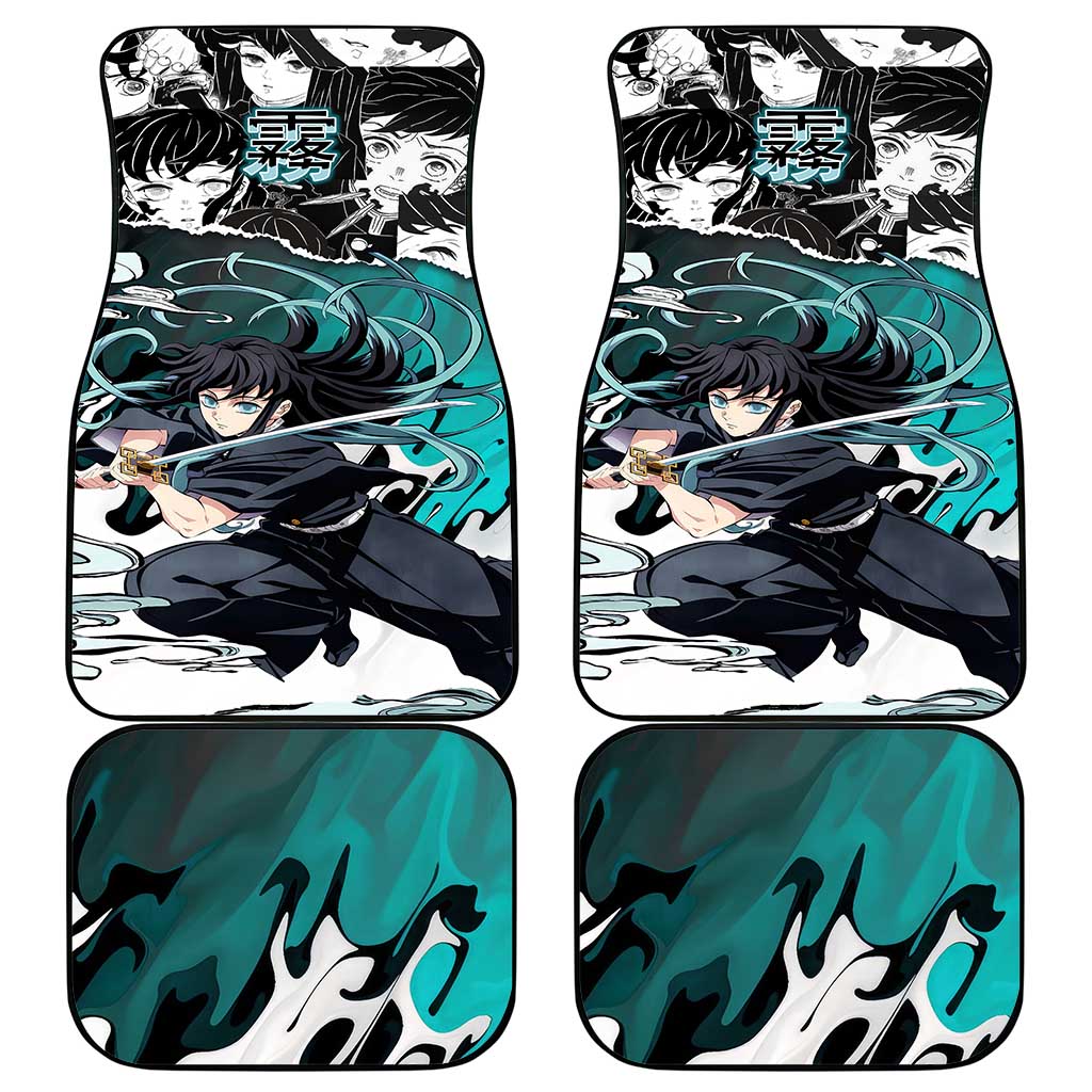 Muichiro Tokito Demon Slayer Mist Hashira Design Car Mats with Manga Panels and Teal Sword Art - The Mazicc