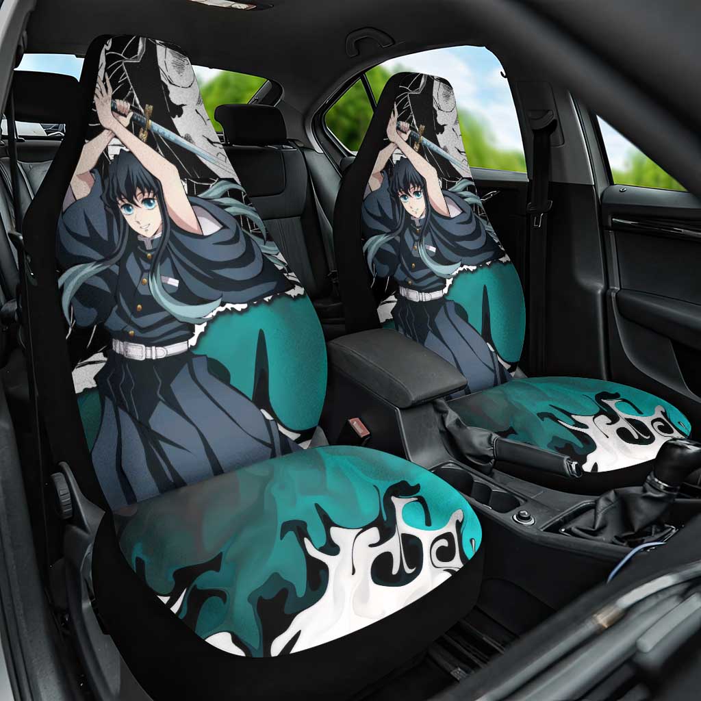 Muichiro Tokito Demon Slayer Mist Hashira Design Car Seat Cover with Manga Panels and Teal Sword Art - The Mazicc