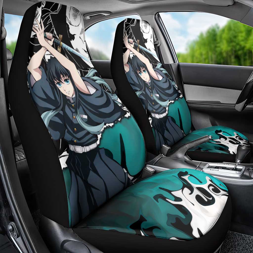 Muichiro Tokito Demon Slayer Mist Hashira Design Car Seat Cover with Manga Panels and Teal Sword Art - The Mazicc