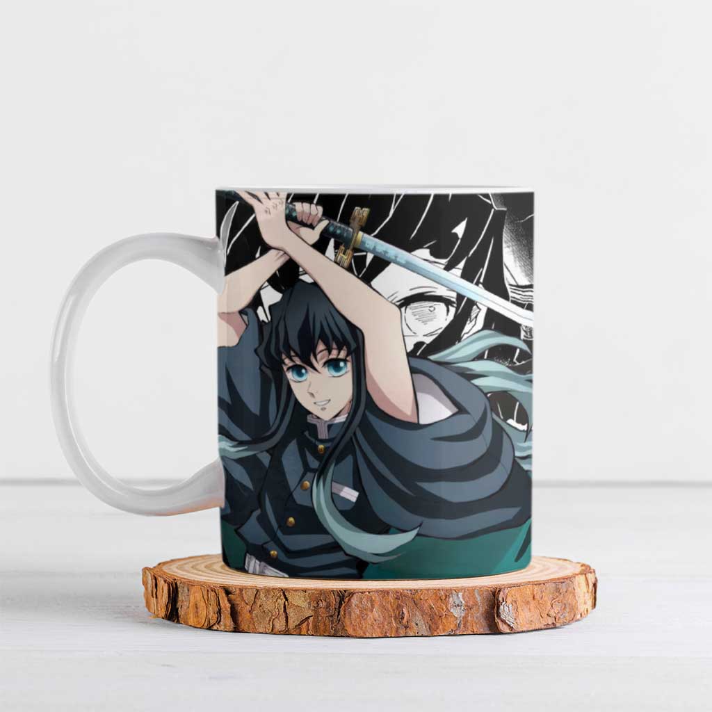 Muichiro Tokito Demon Slayer Mist Hashira Design Ceramic Mug with Manga Panels and Teal Sword Art - The Mazicc