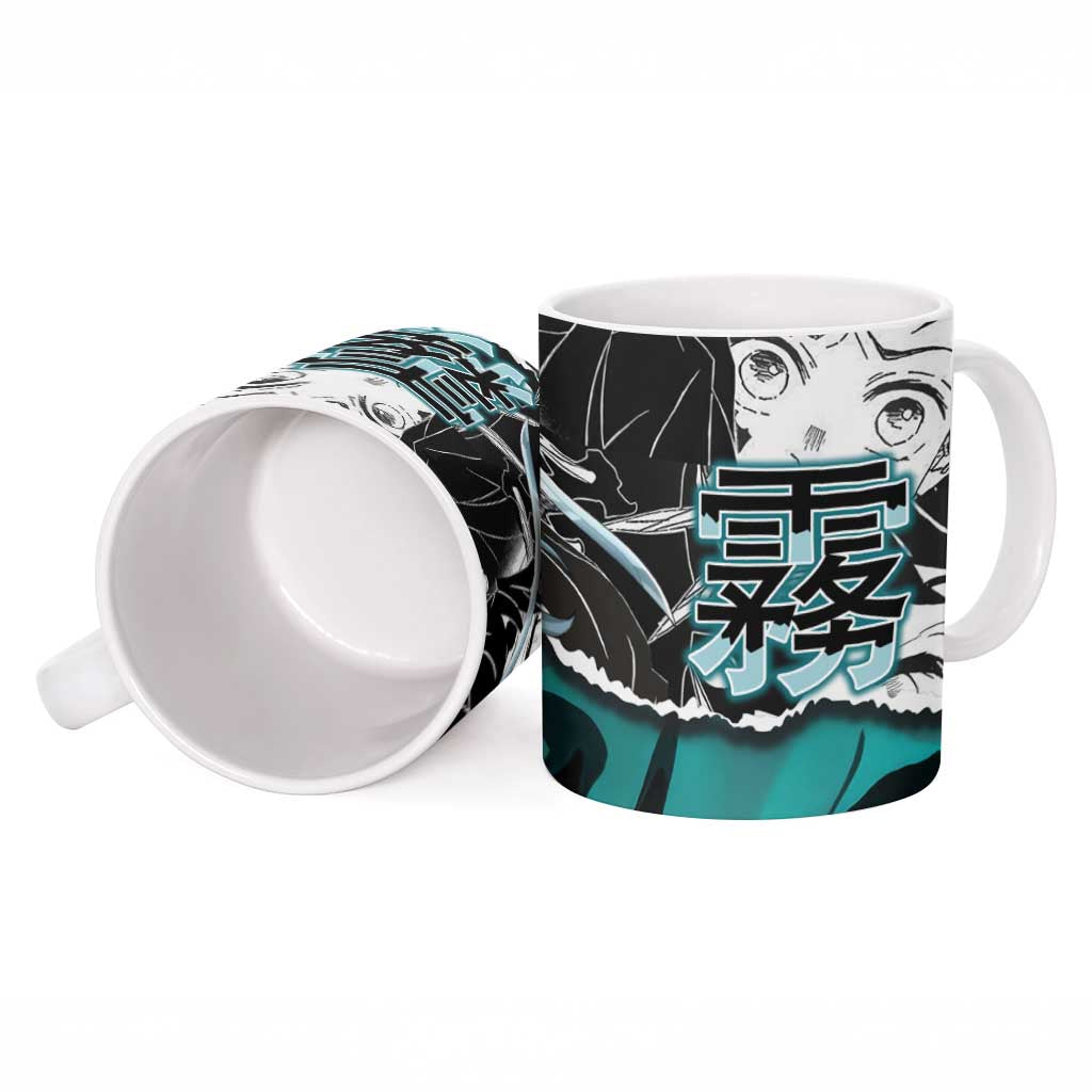 Muichiro Tokito Demon Slayer Mist Hashira Design Ceramic Mug with Manga Panels and Teal Sword Art - The Mazicc