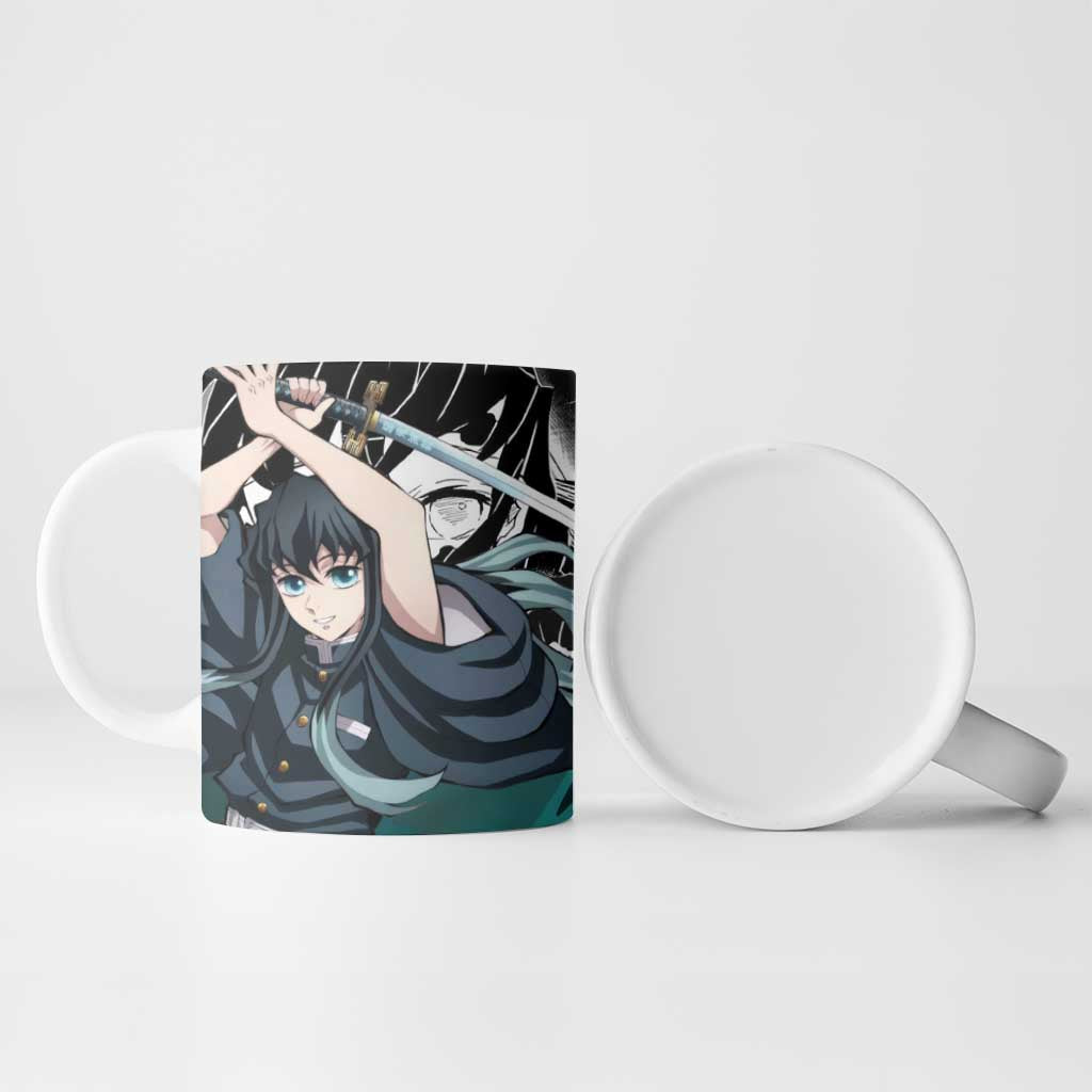 Muichiro Tokito Demon Slayer Mist Hashira Design Ceramic Mug with Manga Panels and Teal Sword Art - The Mazicc