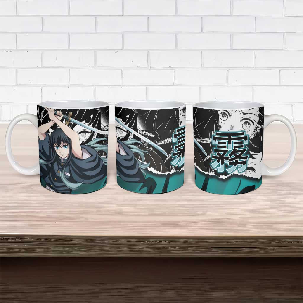 Muichiro Tokito Demon Slayer Mist Hashira Design Ceramic Mug with Manga Panels and Teal Sword Art - The Mazicc