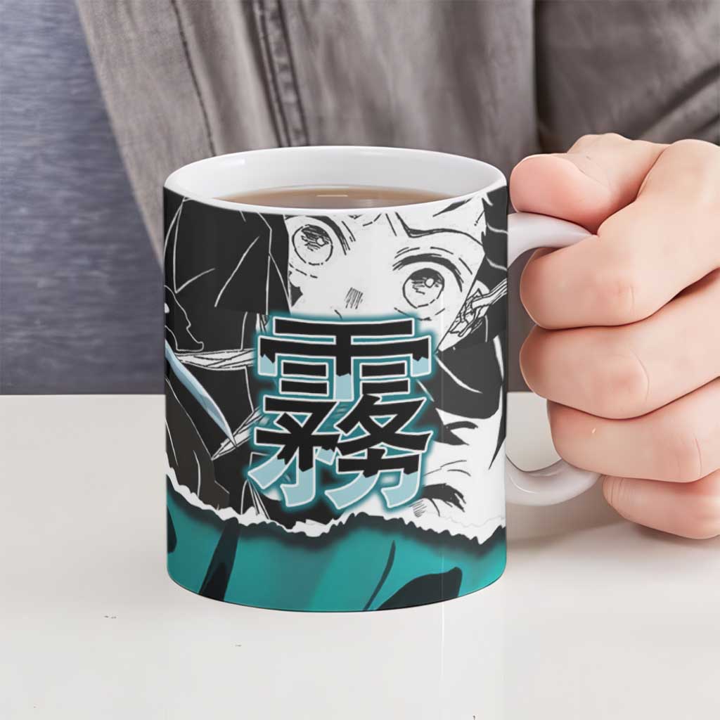 Muichiro Tokito Demon Slayer Mist Hashira Design Ceramic Mug with Manga Panels and Teal Sword Art - The Mazicc