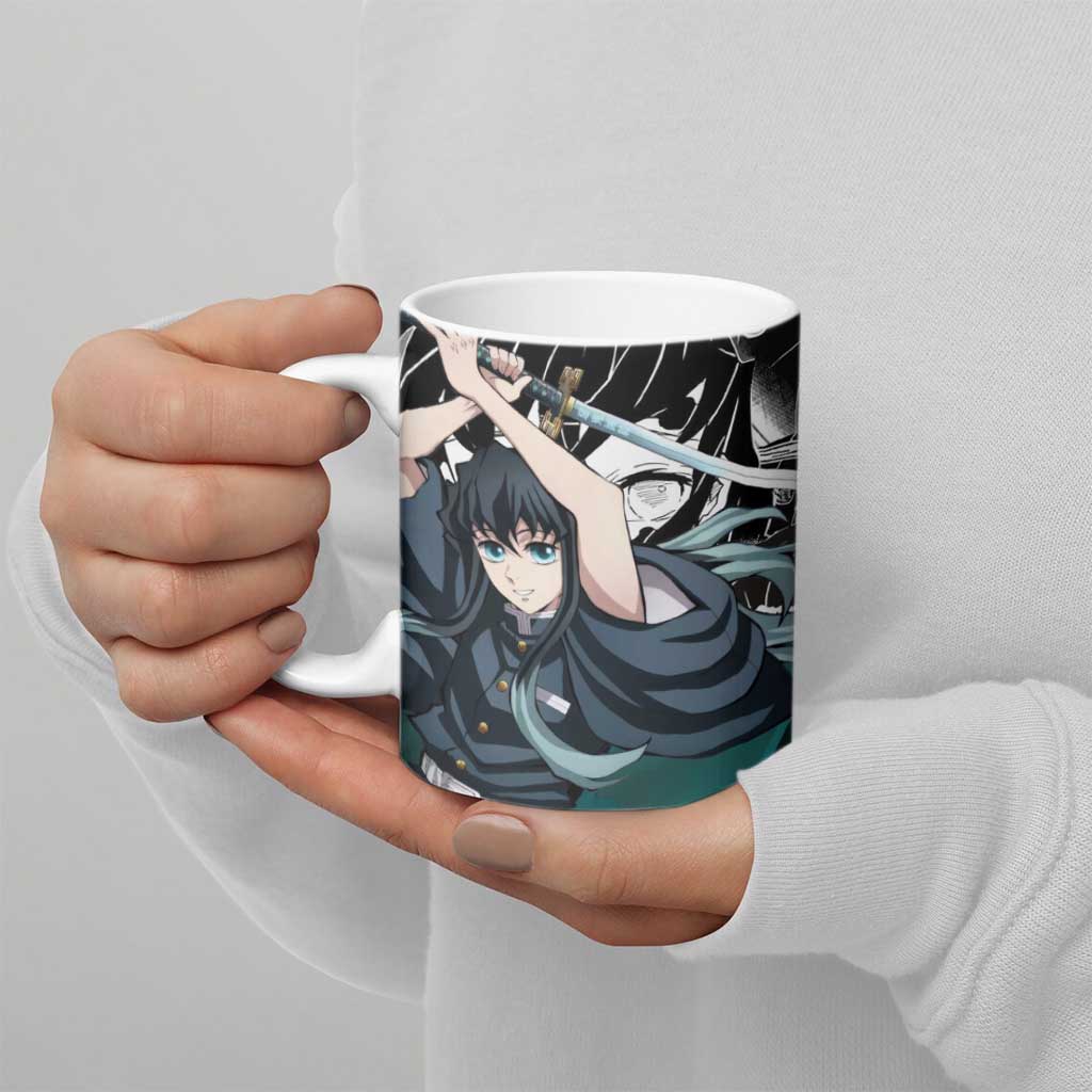 Muichiro Tokito Demon Slayer Mist Hashira Design Ceramic Mug with Manga Panels and Teal Sword Art - The Mazicc