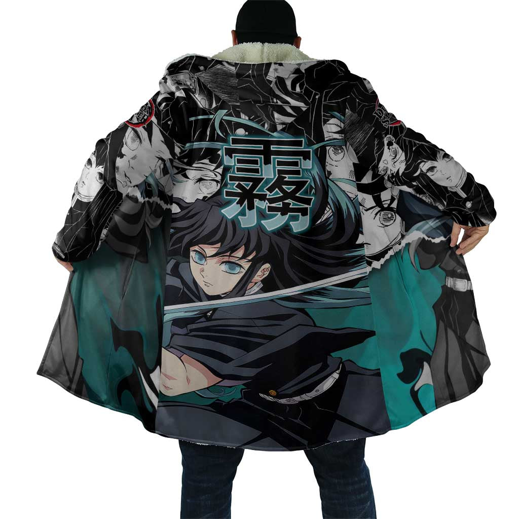 Muichiro Tokito Demon Slayer Mist Hashira Design Cloak with Manga Panels and Teal Sword Art - The Mazicc