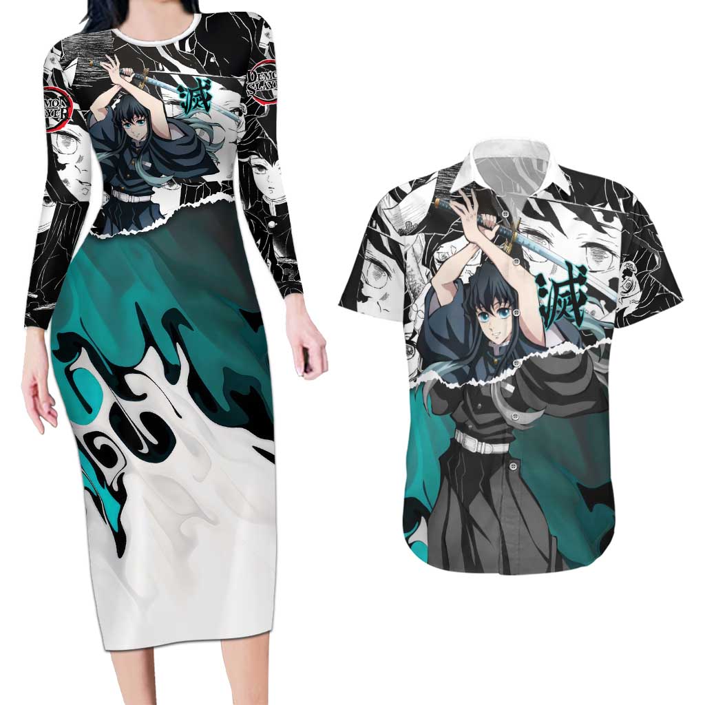 Muichiro Tokito Demon Slayer Mist Hashira Design Couples Matching Long Sleeve Bodycon Dress and Hawaiian Shirt with Manga Panels and Teal Sword Art - The Mazicc
