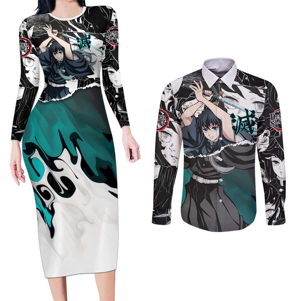 Muichiro Tokito Demon Slayer Mist Hashira Design Couples Matching Long Sleeve Bodycon Dress and Long Sleeve Button Shirt with Manga Panels and Teal Sword Art - The Mazicc