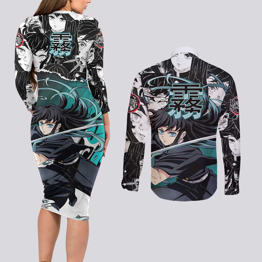 Muichiro Tokito Demon Slayer Mist Hashira Design Couples Matching Long Sleeve Bodycon Dress and Long Sleeve Button Shirt with Manga Panels and Teal Sword Art - The Mazicc