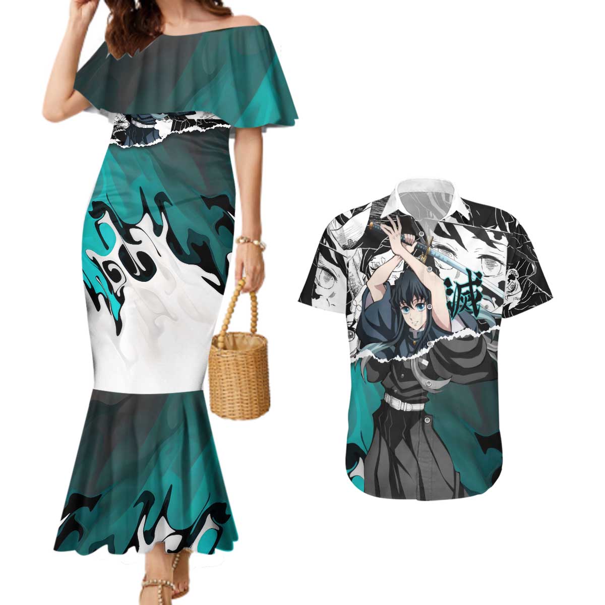 Muichiro Tokito Demon Slayer Mist Hashira Design Couples Matching Mermaid Dress and Hawaiian Shirt with Manga Panels and Teal Sword Art - The Mazicc