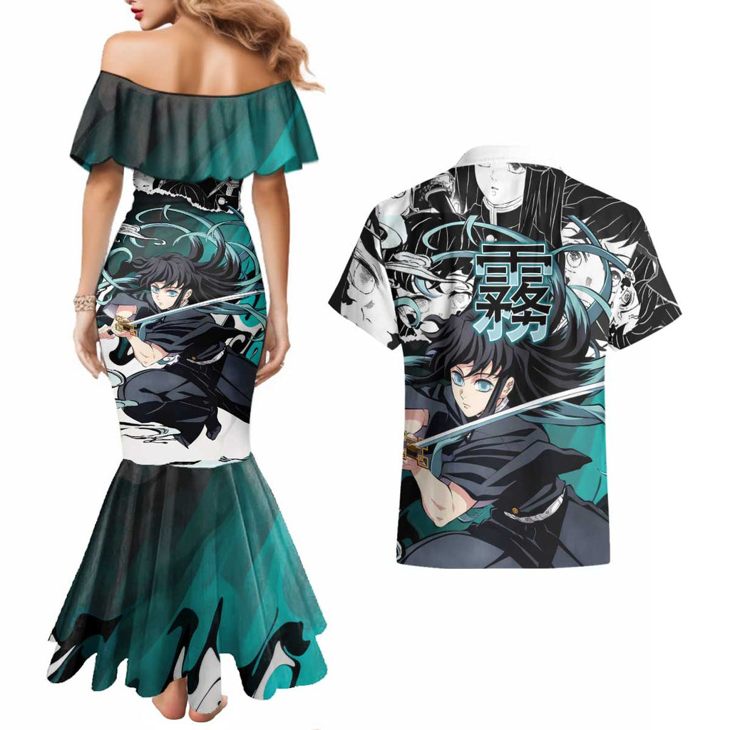 Muichiro Tokito Demon Slayer Mist Hashira Design Couples Matching Mermaid Dress and Hawaiian Shirt with Manga Panels and Teal Sword Art - The Mazicc
