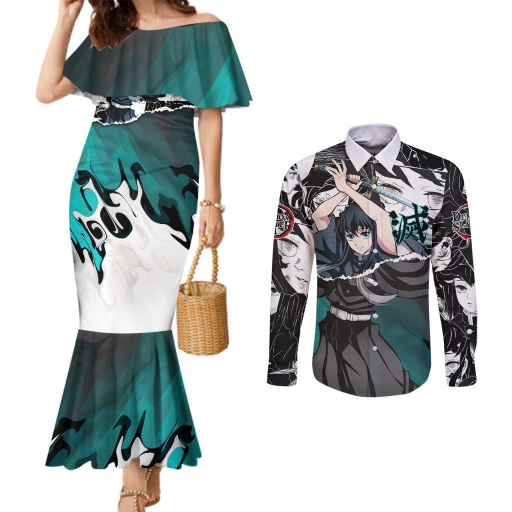 Muichiro Tokito Demon Slayer Mist Hashira Design Couples Matching Mermaid Dress and Long Sleeve Button Shirt with Manga Panels and Teal Sword Art - The Mazicc