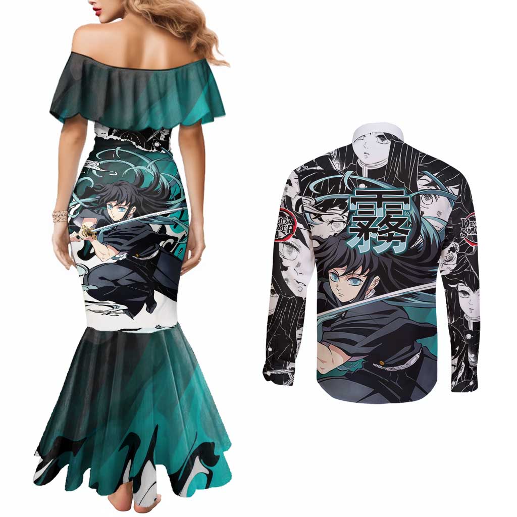 Muichiro Tokito Demon Slayer Mist Hashira Design Couples Matching Mermaid Dress and Long Sleeve Button Shirt with Manga Panels and Teal Sword Art - The Mazicc