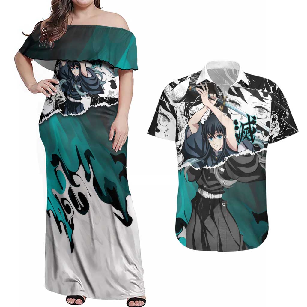 Muichiro Tokito Demon Slayer Mist Hashira Design Couples Matching Off Shoulder Maxi Dress and Hawaiian Shirt with Manga Panels and Teal Sword Art - The Mazicc