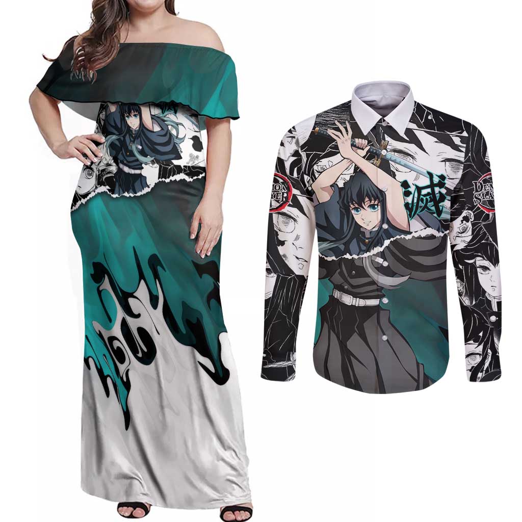 Muichiro Tokito Demon Slayer Mist Hashira Design Couples Matching Off Shoulder Maxi Dress and Long Sleeve Button Shirt with Manga Panels and Teal Sword Art - The Mazicc