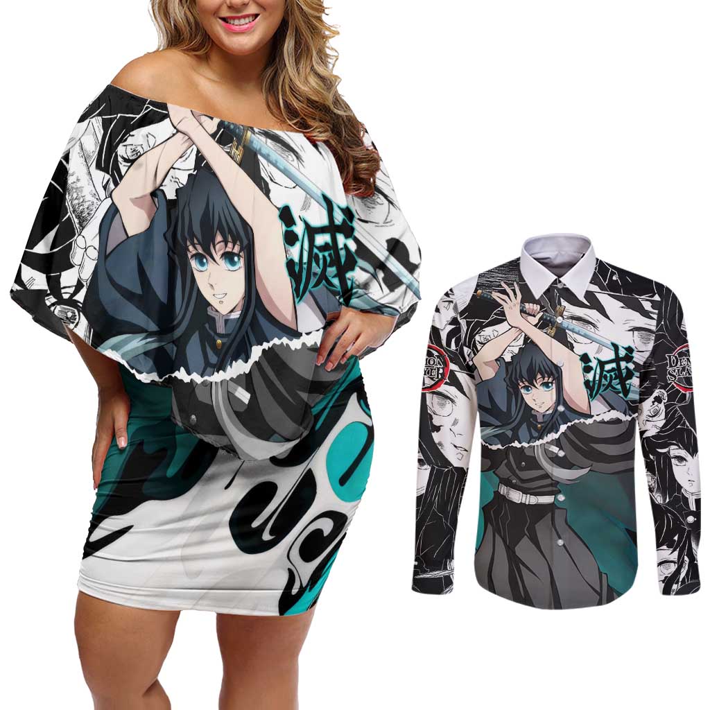 Muichiro Tokito Demon Slayer Mist Hashira Design Couples Matching Off Shoulder Short Dress and Long Sleeve Button Shirt with Manga Panels and Teal Sword Art - The Mazicc