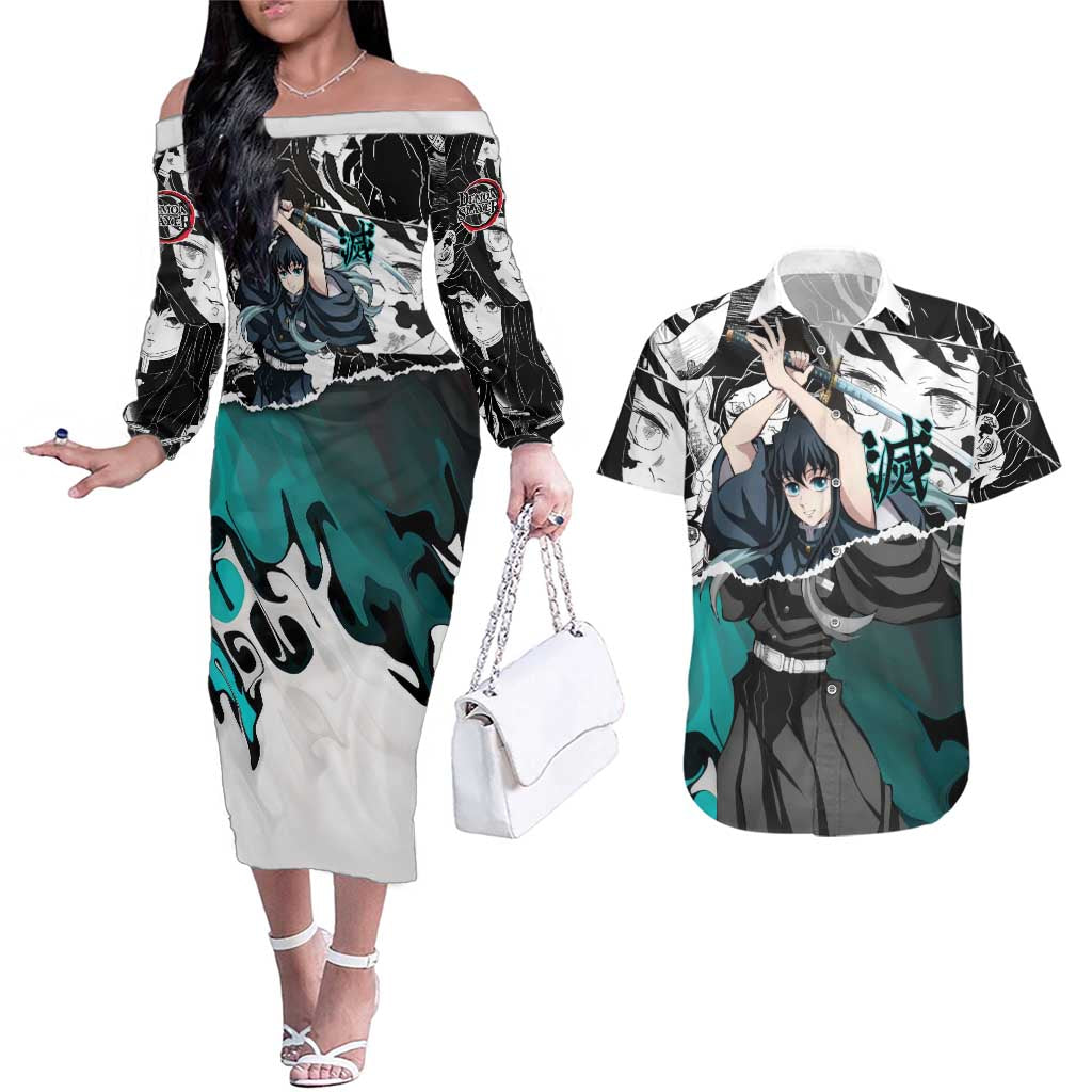 Muichiro Tokito Demon Slayer Mist Hashira Design Couples Matching Off The Shoulder Long Sleeve Dress and Hawaiian Shirt with Manga Panels and Teal Sword Art - The Mazicc
