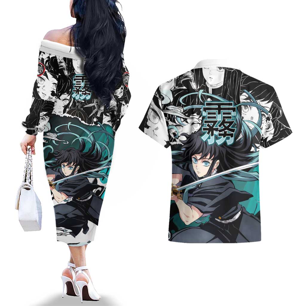 Muichiro Tokito Demon Slayer Mist Hashira Design Couples Matching Off The Shoulder Long Sleeve Dress and Hawaiian Shirt with Manga Panels and Teal Sword Art - The Mazicc