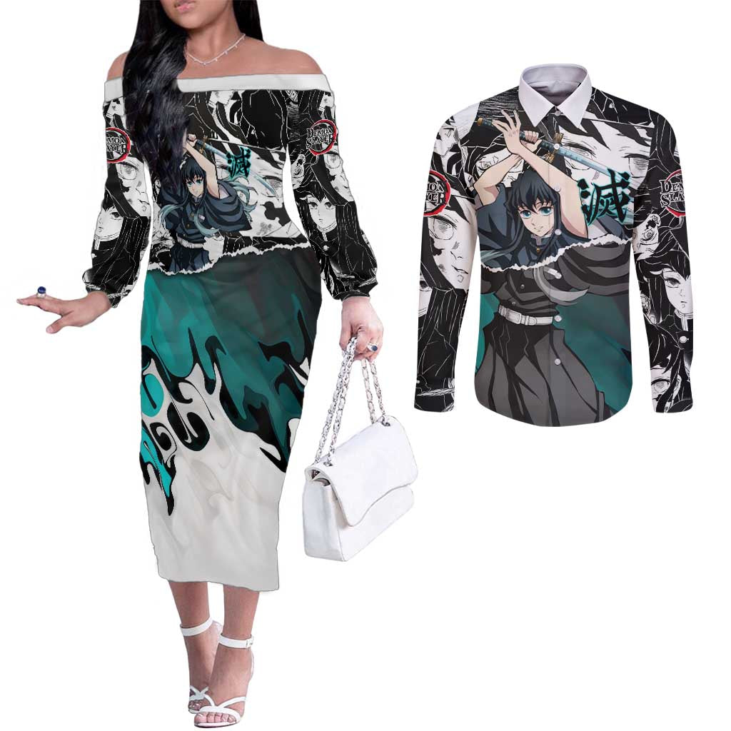 Muichiro Tokito Demon Slayer Mist Hashira Design Couples Matching Off The Shoulder Long Sleeve Dress and Long Sleeve Button Shirt with Manga Panels and Teal Sword Art - The Mazicc