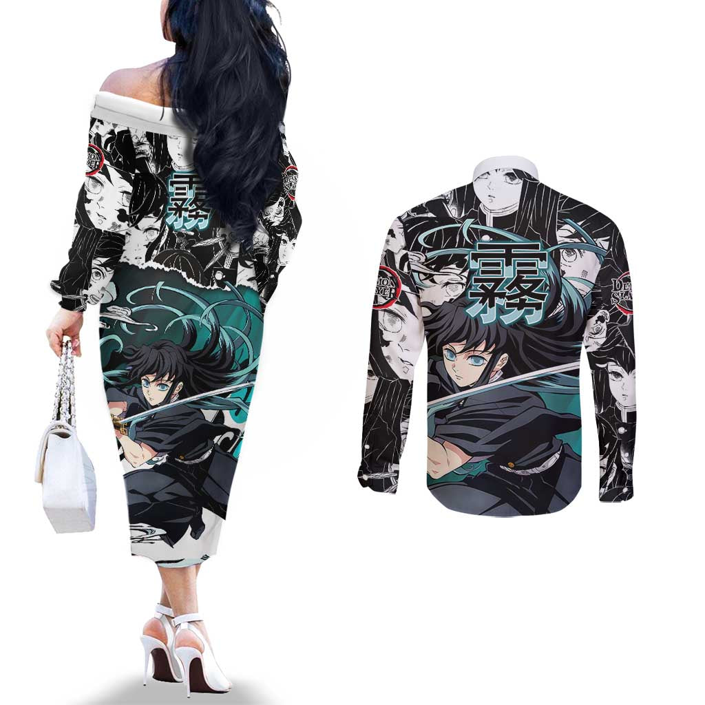 Muichiro Tokito Demon Slayer Mist Hashira Design Couples Matching Off The Shoulder Long Sleeve Dress and Long Sleeve Button Shirt with Manga Panels and Teal Sword Art - The Mazicc