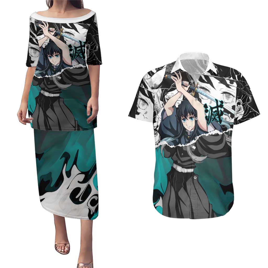 Muichiro Tokito Demon Slayer Mist Hashira Design Couples Matching Puletasi and Hawaiian Shirt with Manga Panels and Teal Sword Art - The Mazicc
