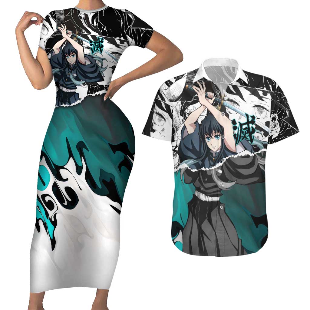 Muichiro Tokito Demon Slayer Mist Hashira Design Couples Matching Short Sleeve Bodycon Dress and Hawaiian Shirt with Manga Panels and Teal Sword Art - The Mazicc