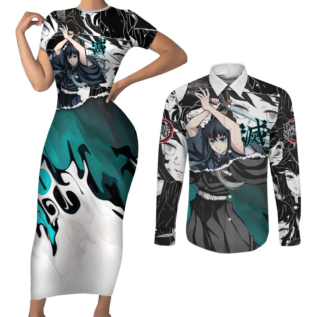 Muichiro Tokito Demon Slayer Mist Hashira Design Couples Matching Short Sleeve Bodycon Dress and Long Sleeve Button Shirt with Manga Panels and Teal Sword Art - The Mazicc