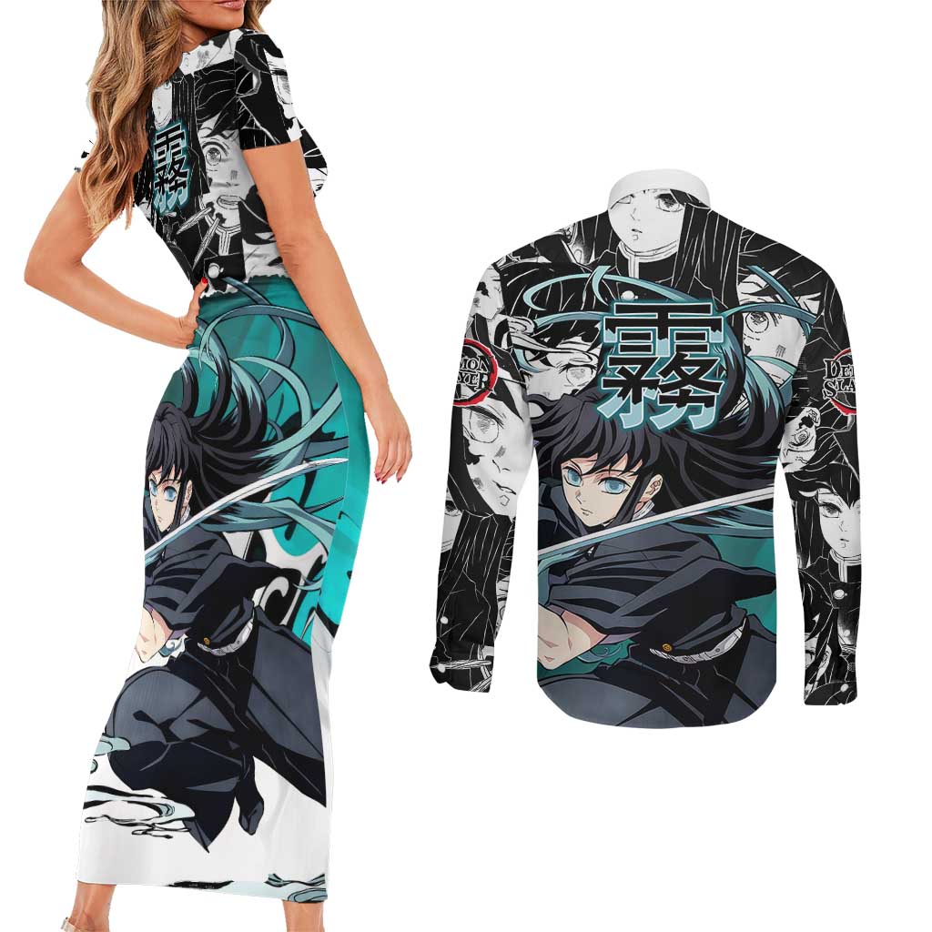Muichiro Tokito Demon Slayer Mist Hashira Design Couples Matching Short Sleeve Bodycon Dress and Long Sleeve Button Shirt with Manga Panels and Teal Sword Art - The Mazicc