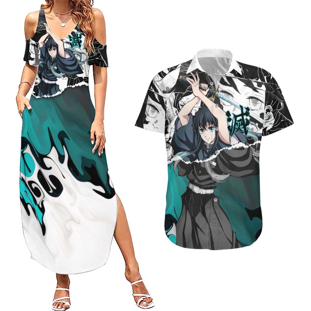 Muichiro Tokito Demon Slayer Mist Hashira Design Couples Matching Summer Maxi Dress and Hawaiian Shirt with Manga Panels and Teal Sword Art - The Mazicc