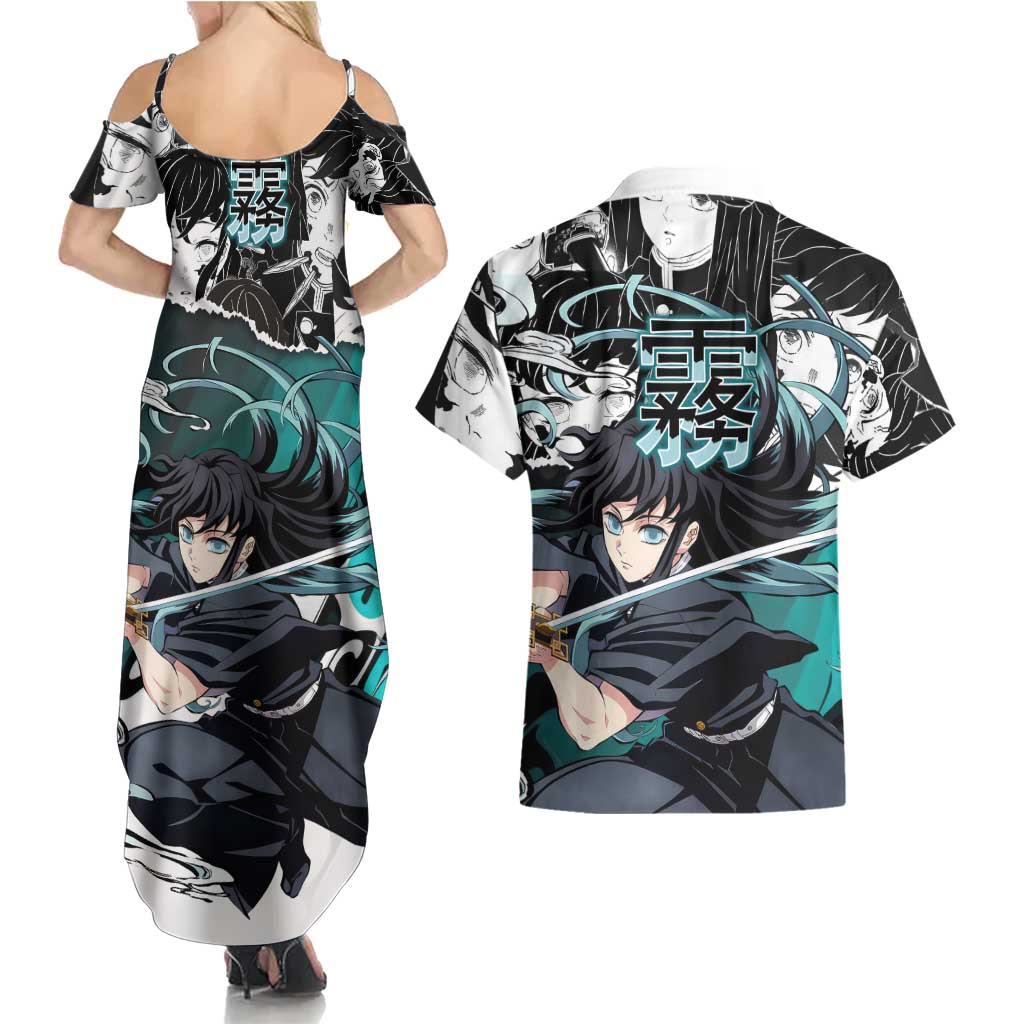 Muichiro Tokito Demon Slayer Mist Hashira Design Couples Matching Summer Maxi Dress and Hawaiian Shirt with Manga Panels and Teal Sword Art - The Mazicc