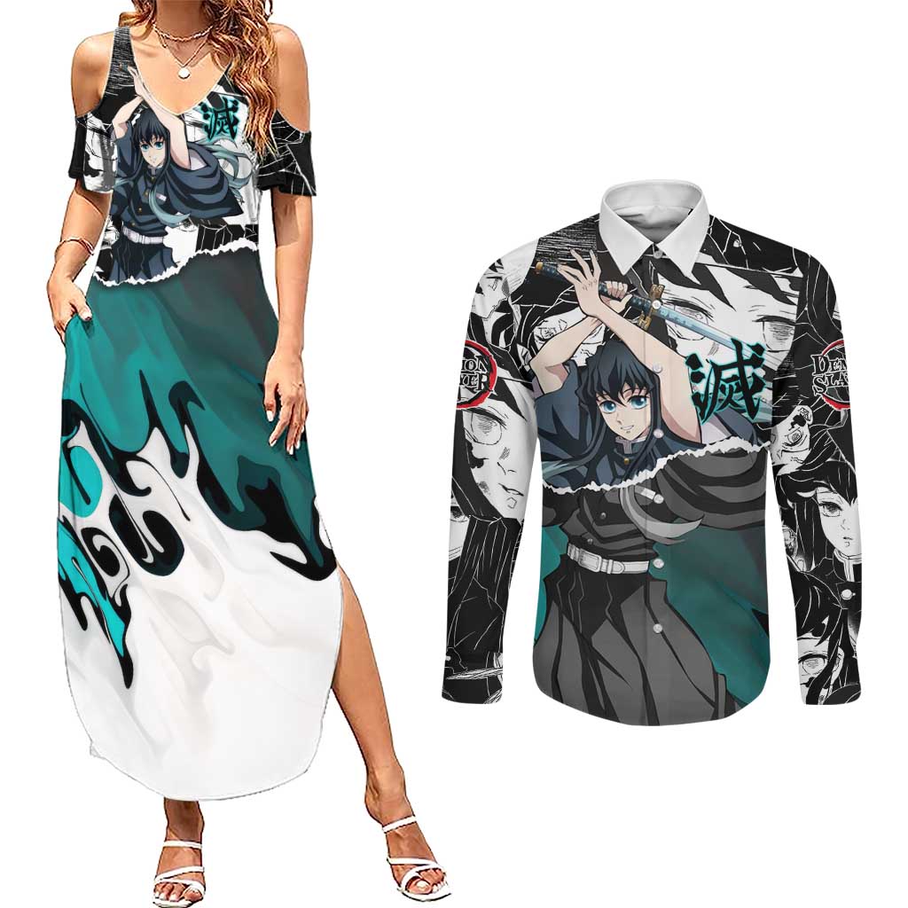 Muichiro Tokito Demon Slayer Mist Hashira Design Couples Matching Summer Maxi Dress and Long Sleeve Button Shirt with Manga Panels and Teal Sword Art - The Mazicc