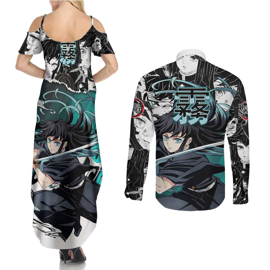 Muichiro Tokito Demon Slayer Mist Hashira Design Couples Matching Summer Maxi Dress and Long Sleeve Button Shirt with Manga Panels and Teal Sword Art - The Mazicc