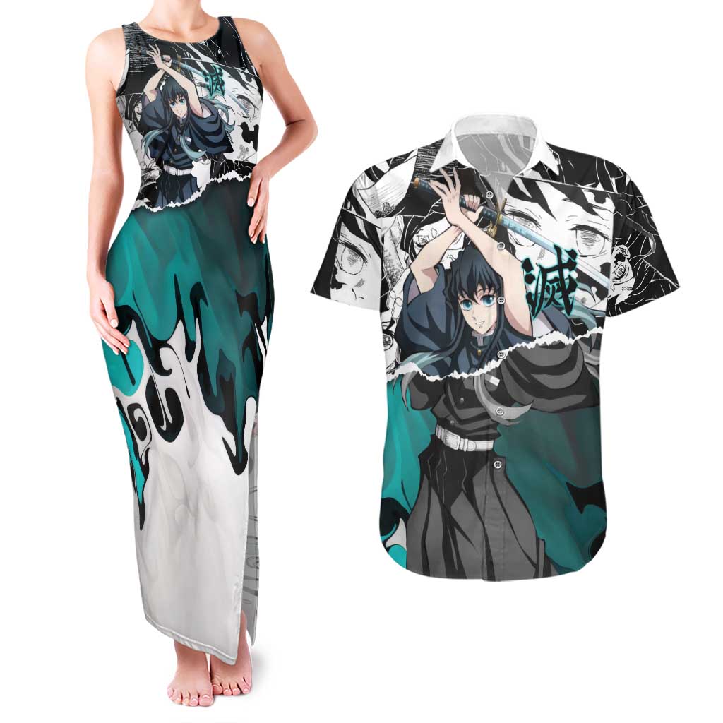 Muichiro Tokito Demon Slayer Mist Hashira Design Couples Matching Tank Maxi Dress and Hawaiian Shirt with Manga Panels and Teal Sword Art - The Mazicc