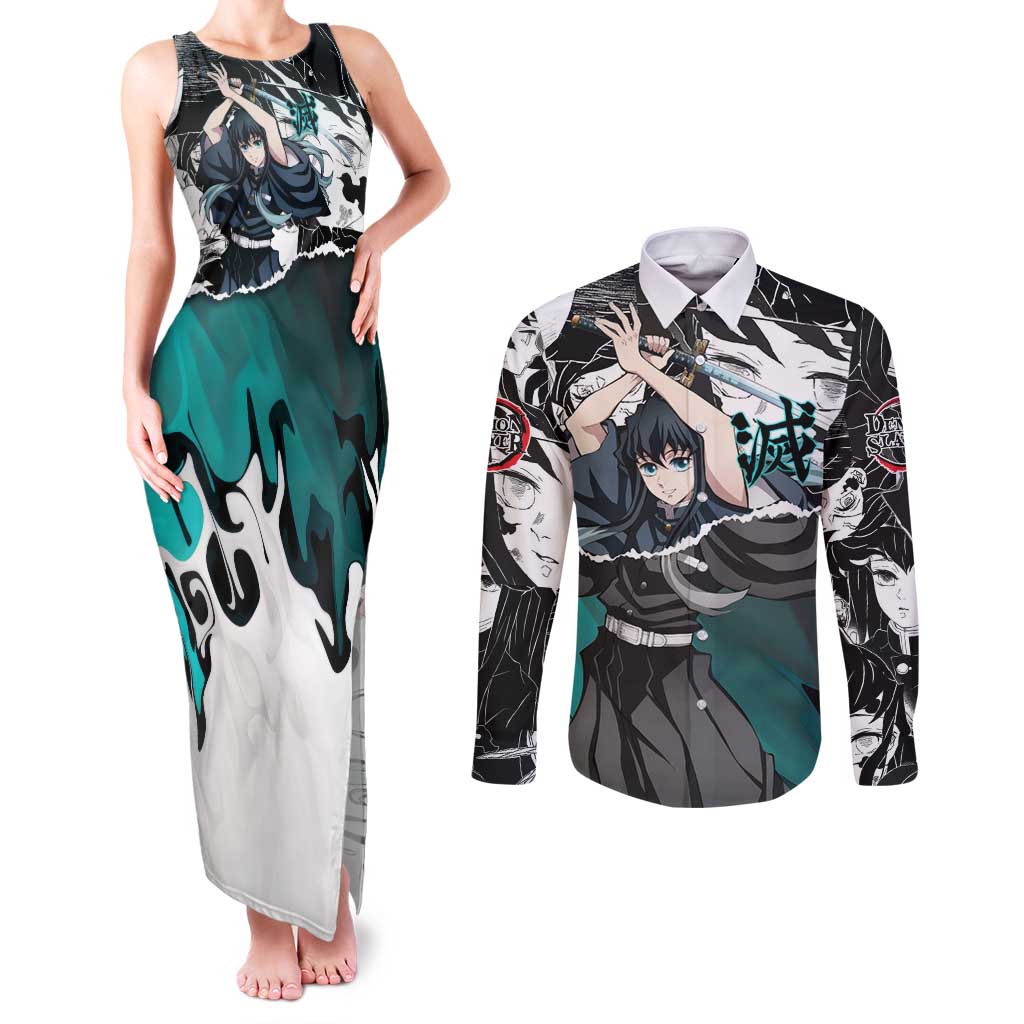 Muichiro Tokito Demon Slayer Mist Hashira Design Couples Matching Tank Maxi Dress and Long Sleeve Button Shirt with Manga Panels and Teal Sword Art - The Mazicc