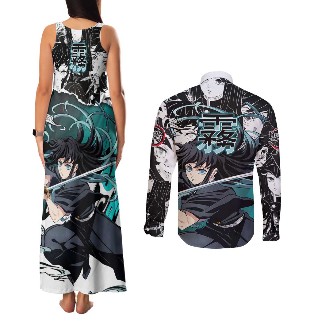 Muichiro Tokito Demon Slayer Mist Hashira Design Couples Matching Tank Maxi Dress and Long Sleeve Button Shirt with Manga Panels and Teal Sword Art - The Mazicc