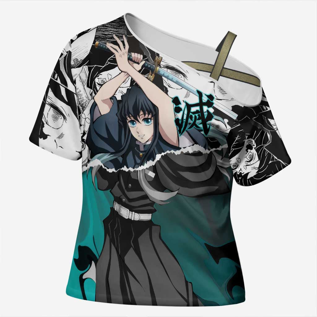 Muichiro Tokito Demon Slayer Mist Hashira Design Cross Shoulder Shirt with Manga Panels and Teal Sword Art - The Mazicc