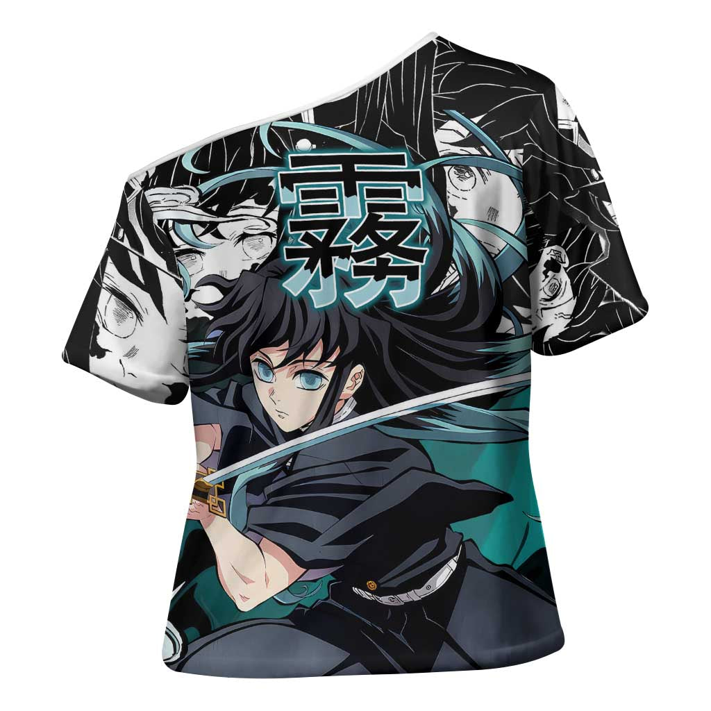 Muichiro Tokito Demon Slayer Mist Hashira Design Cross Shoulder Shirt with Manga Panels and Teal Sword Art - The Mazicc