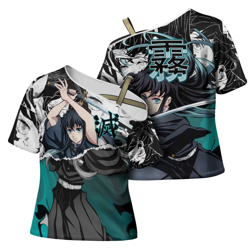 Muichiro Tokito Demon Slayer Mist Hashira Design Cross Shoulder Shirt with Manga Panels and Teal Sword Art - The Mazicc