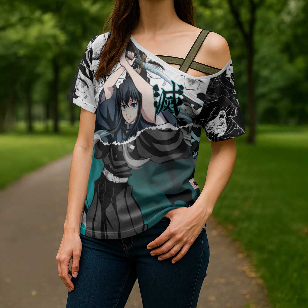 Muichiro Tokito Demon Slayer Mist Hashira Design Cross Shoulder Shirt with Manga Panels and Teal Sword Art - The Mazicc