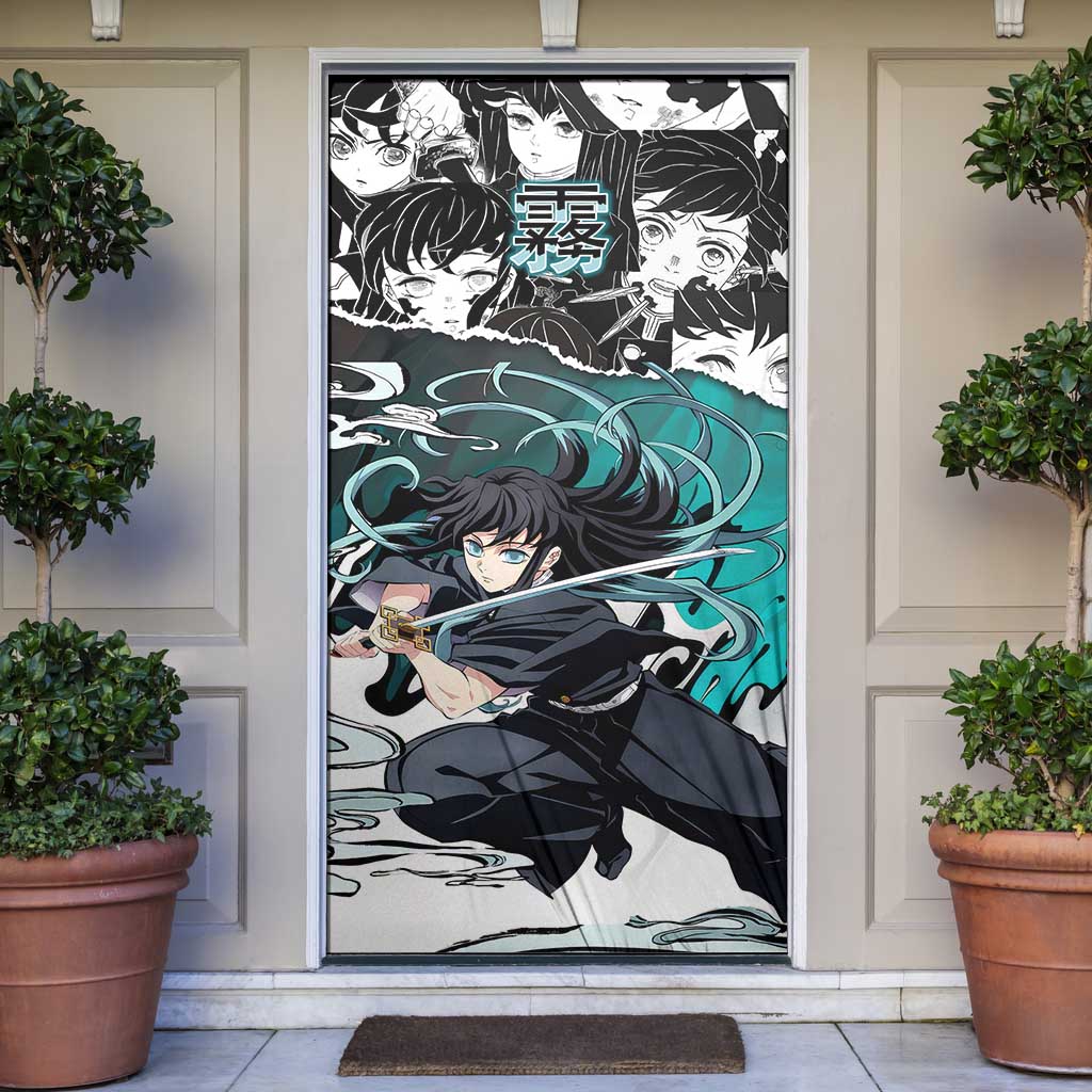 Muichiro Tokito Demon Slayer Mist Hashira Design Door Cover with Manga Panels and Teal Sword Art - The Mazicc