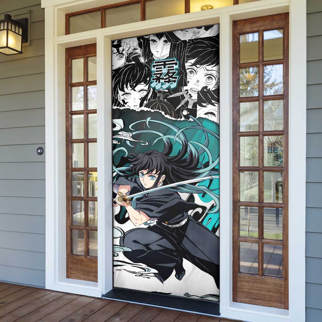 Muichiro Tokito Demon Slayer Mist Hashira Design Door Cover with Manga Panels and Teal Sword Art - The Mazicc