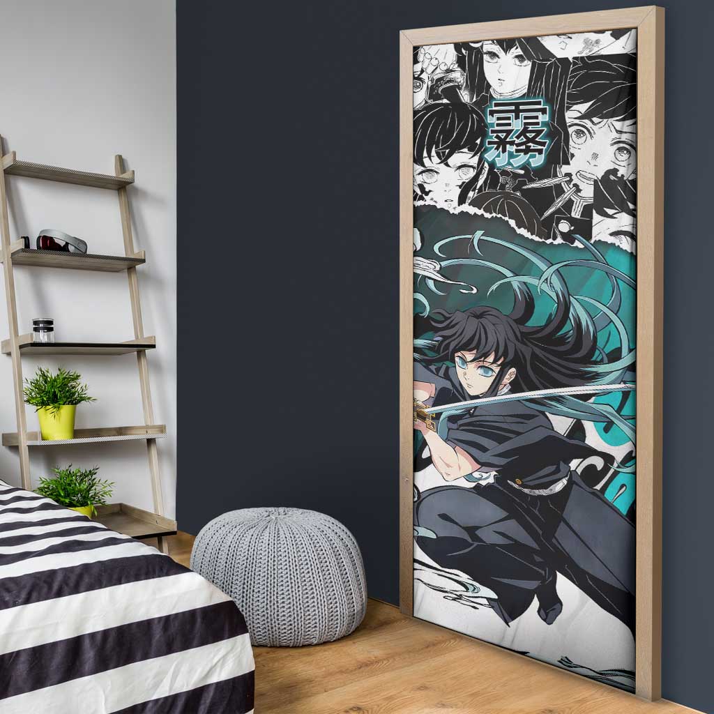Muichiro Tokito Demon Slayer Mist Hashira Design Door Cover with Manga Panels and Teal Sword Art - The Mazicc