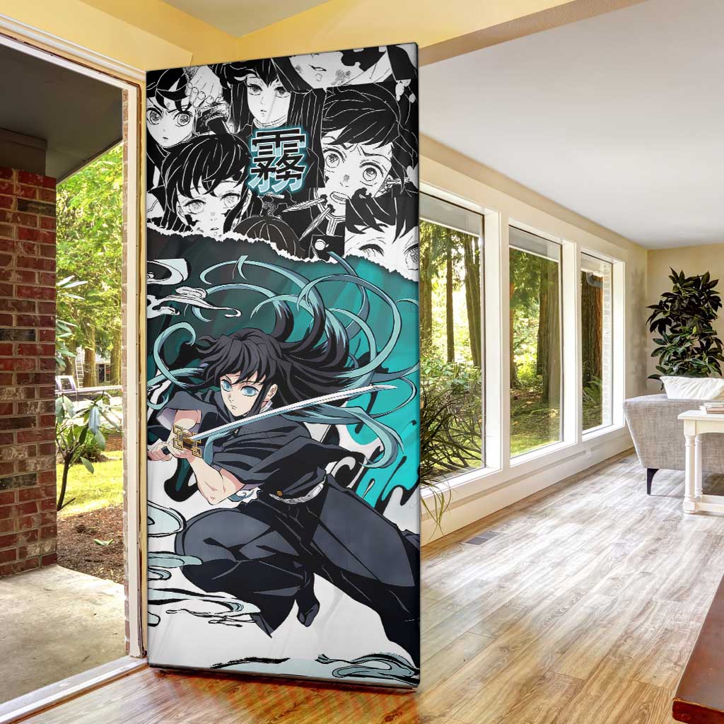 Muichiro Tokito Demon Slayer Mist Hashira Design Door Cover with Manga Panels and Teal Sword Art - The Mazicc