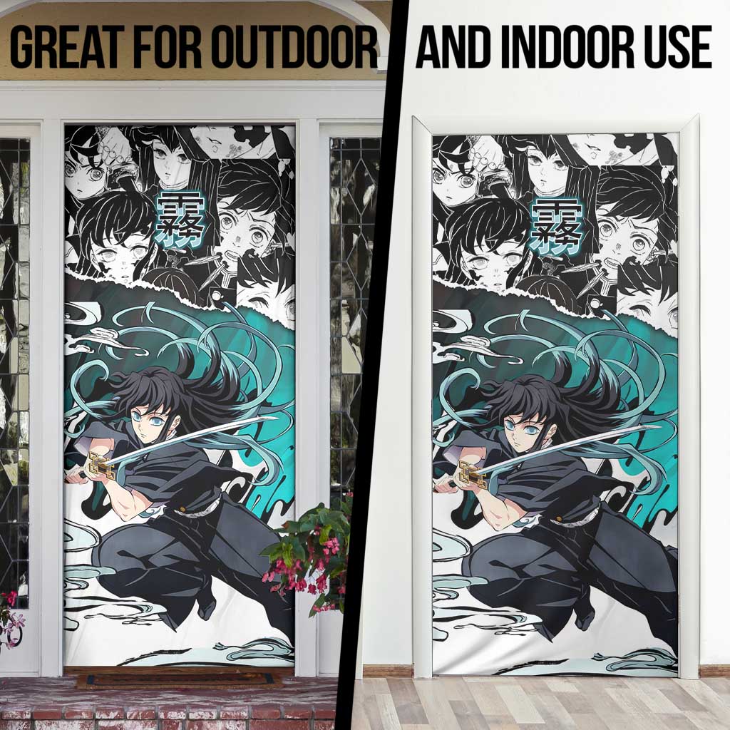 Muichiro Tokito Demon Slayer Mist Hashira Design Door Cover with Manga Panels and Teal Sword Art - The Mazicc
