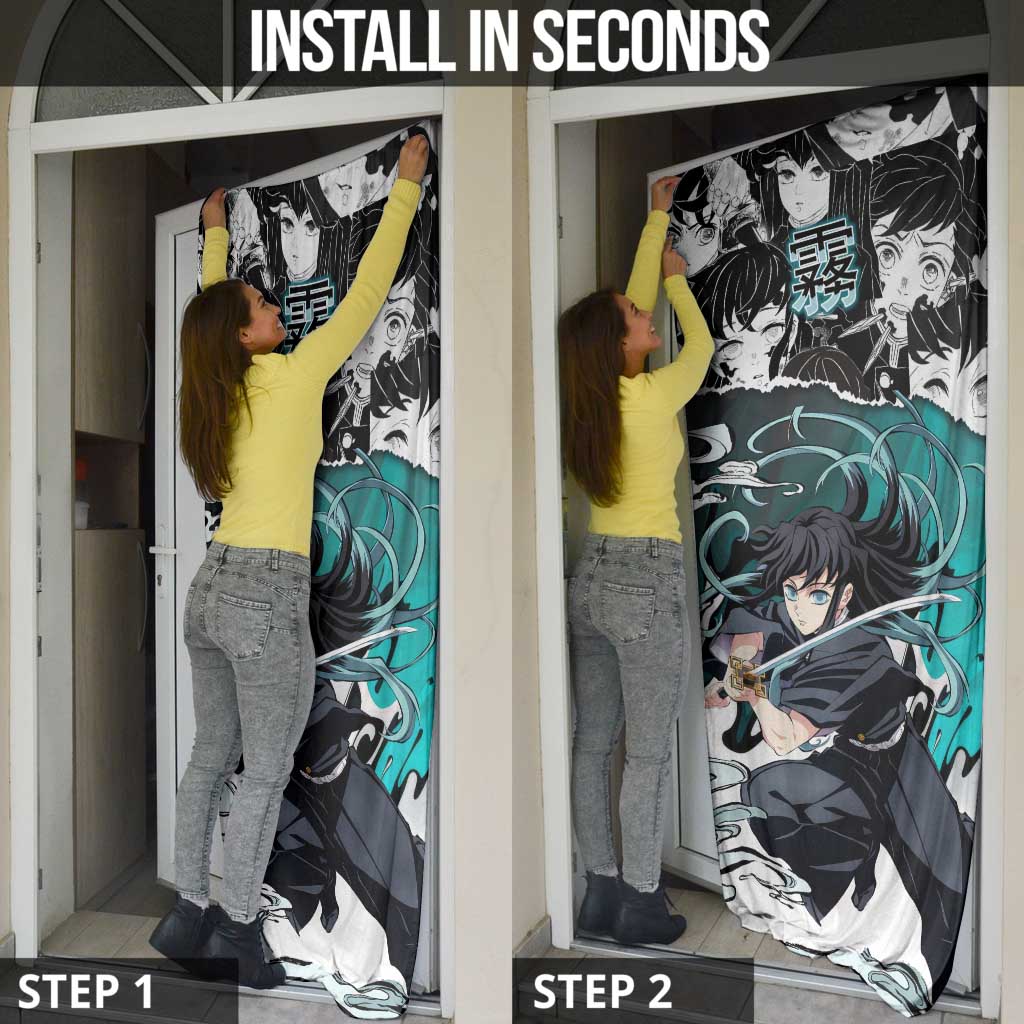 Muichiro Tokito Demon Slayer Mist Hashira Design Door Cover with Manga Panels and Teal Sword Art - The Mazicc