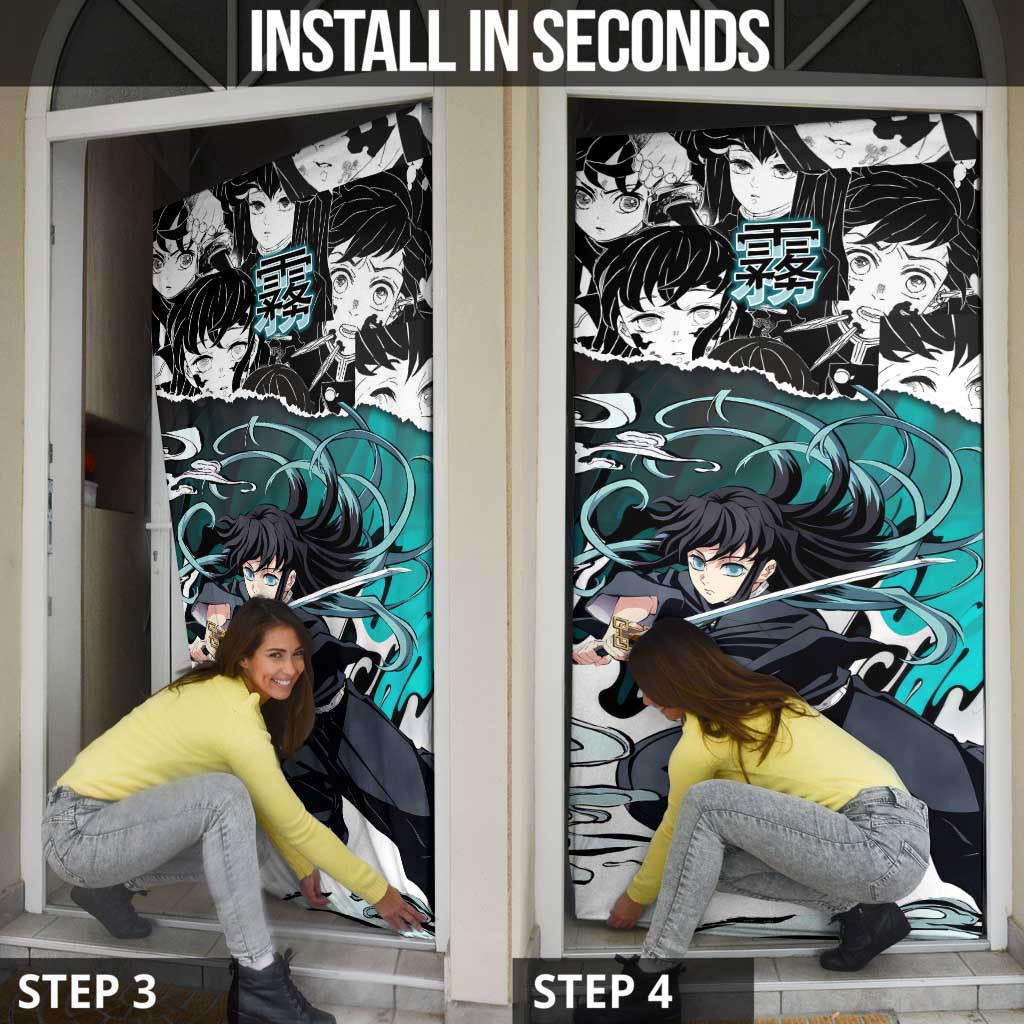 Muichiro Tokito Demon Slayer Mist Hashira Design Door Cover with Manga Panels and Teal Sword Art - The Mazicc