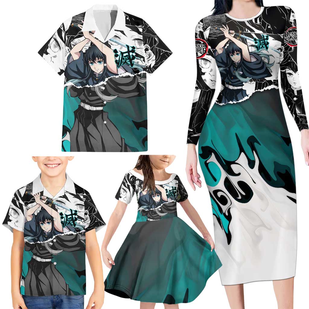 Muichiro Tokito Demon Slayer Mist Hashira Design Family Matching Long Sleeve Bodycon Dress and Hawaiian Shirt with Manga Panels and Teal Sword Art