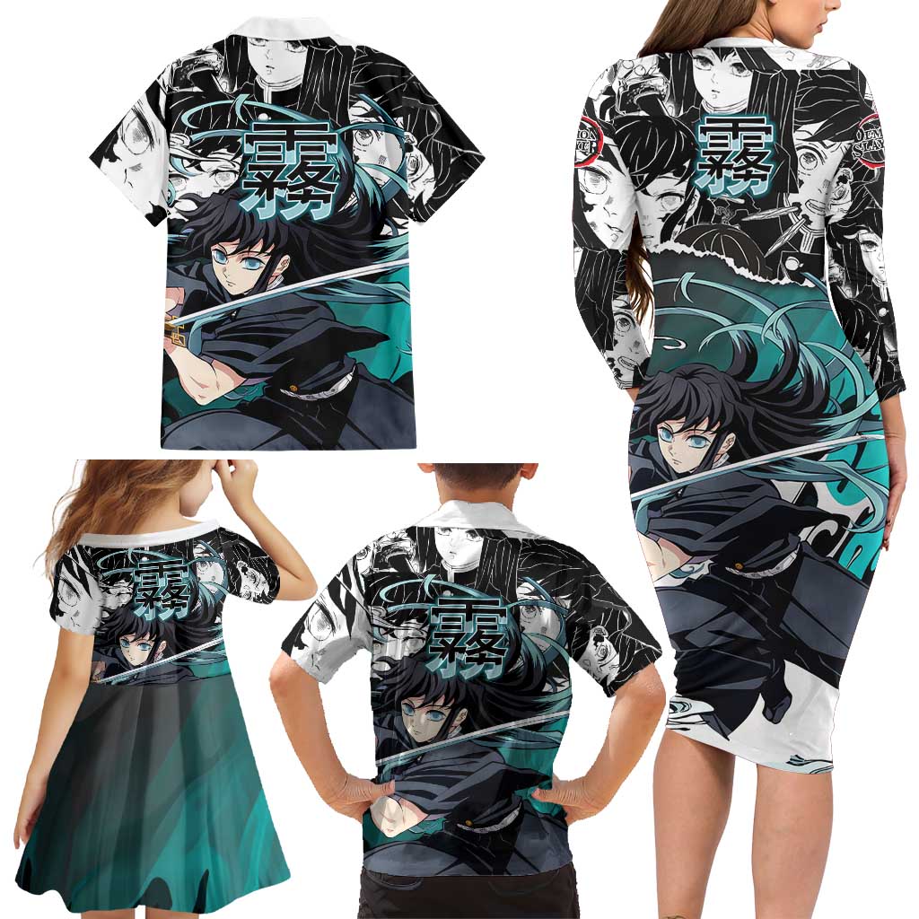 Muichiro Tokito Demon Slayer Mist Hashira Design Family Matching Long Sleeve Bodycon Dress and Hawaiian Shirt with Manga Panels and Teal Sword Art
